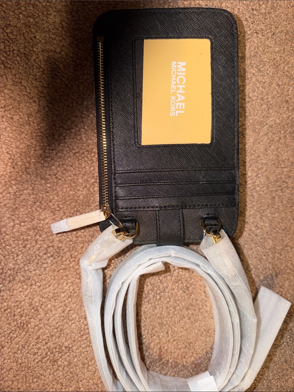 Michael Kors Black Leather Card Wallet Crossbody with Gold Hardware